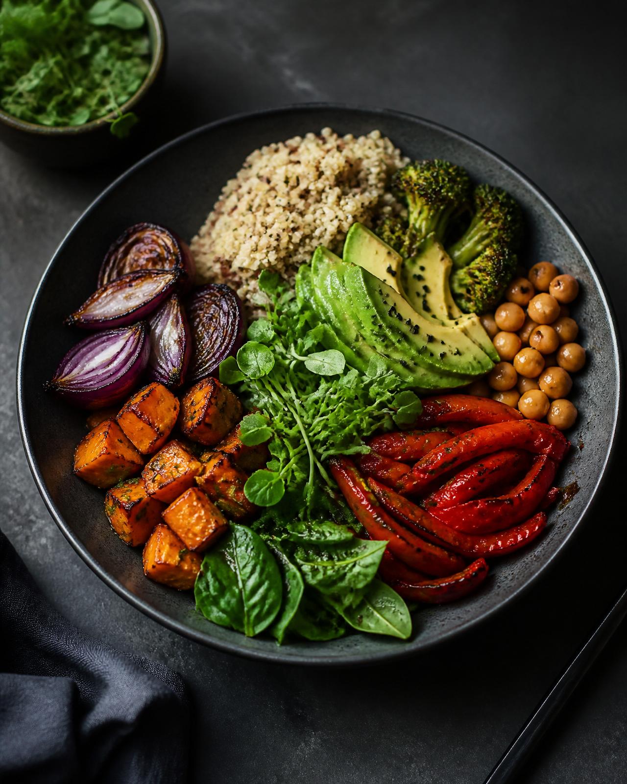 Modernes pflanzliches Gericht mit geröstetem Gemüse, Avocado und Quinoa