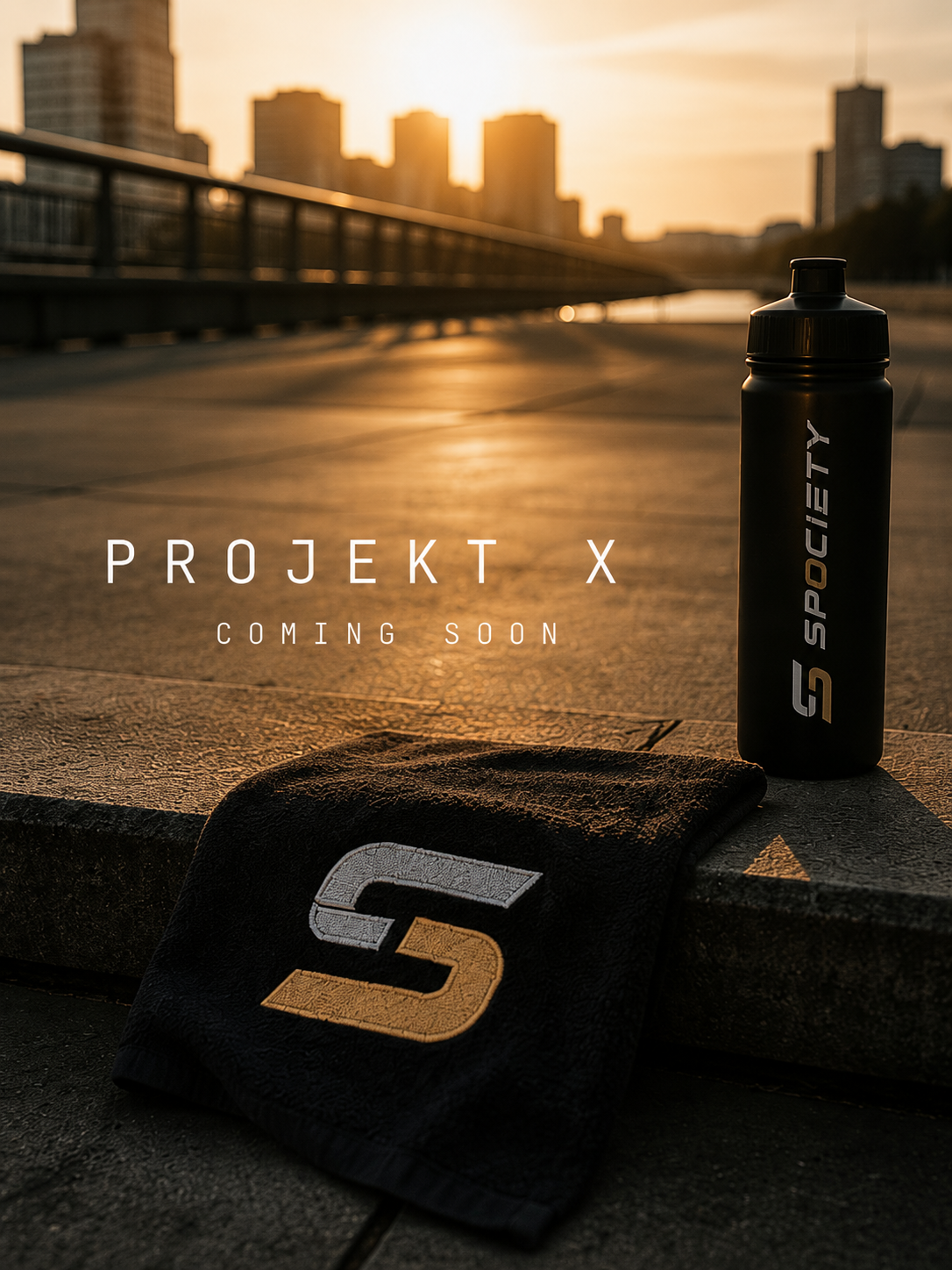 SPOCIETY Projekt X – Coming Soon Teaser mit Sportflasche und Handtuch im goldenen Abendlicht